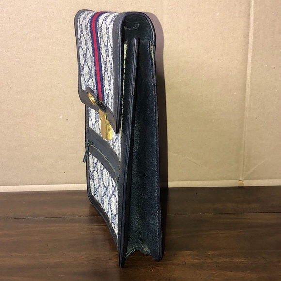 GUCCI GG Ophidia Sherryline Stripe Navy Leather Grey Coated Canvas Crossbody Bag - Picture 5 of 17